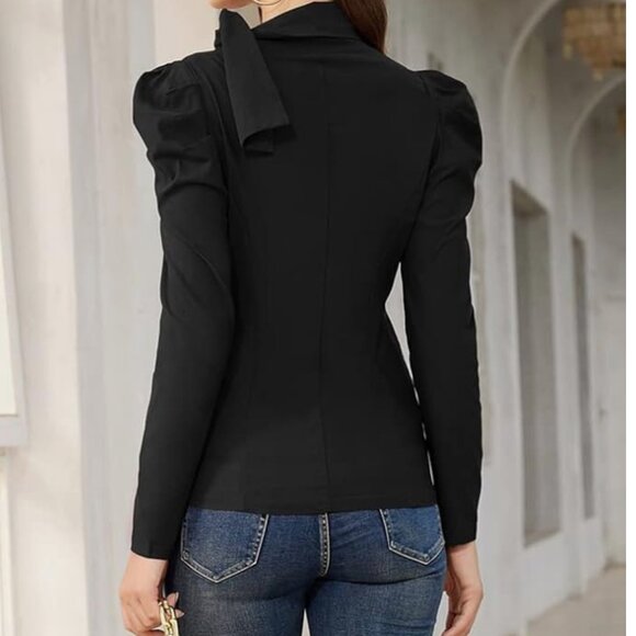 JASAMBAC Blouse Bow puff pouf sleeve top - DARK GREY, Large (12 US) - Picture 4 of 8